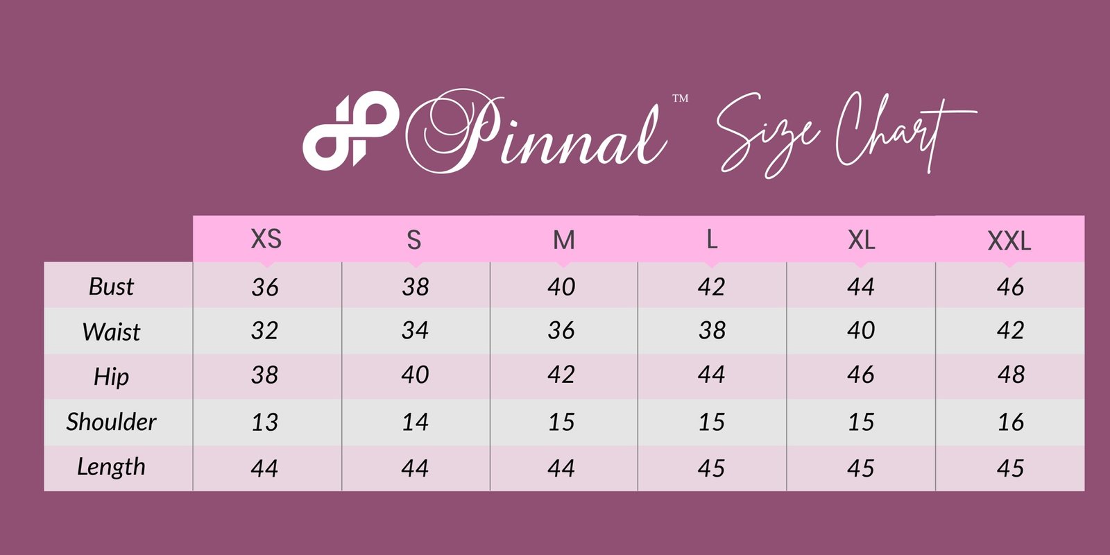 Pinnal size chart — Bust, Waist, Hip, Shoulder and Length measurements in inches for sizes XS to XXL